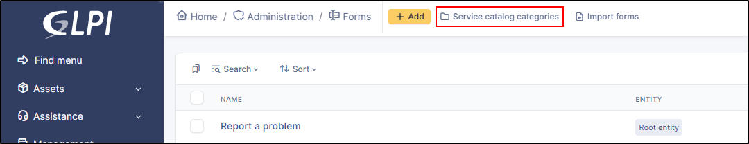 Bouton Catégories du catalogue de services